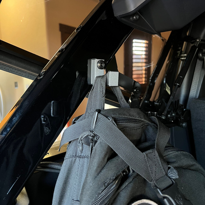 Ford Bronco gear hook with hanging backpack.